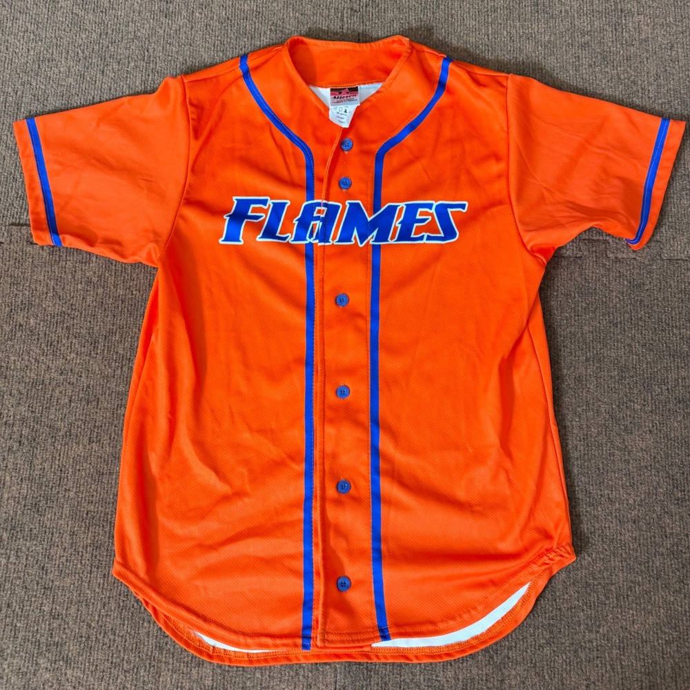 Alleson Athletic Kids Flames Baseball Jersey Orange Blue Button Front Size Large